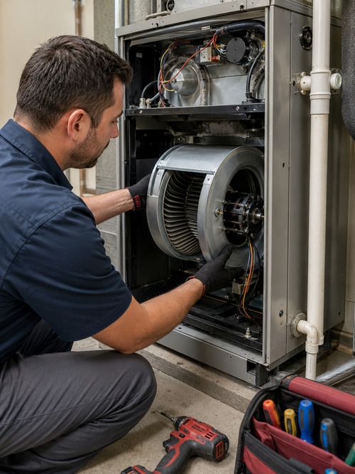 plumber replacing an AC blower